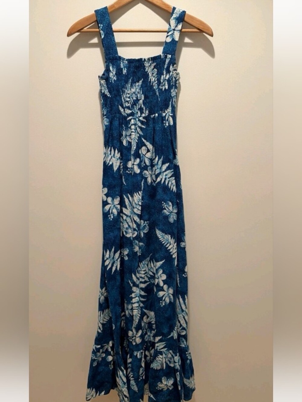 Vintage Royal Hawaiian Smocked Blue Cotton Maxi Dress Ruffle Hem & Wide Straps M